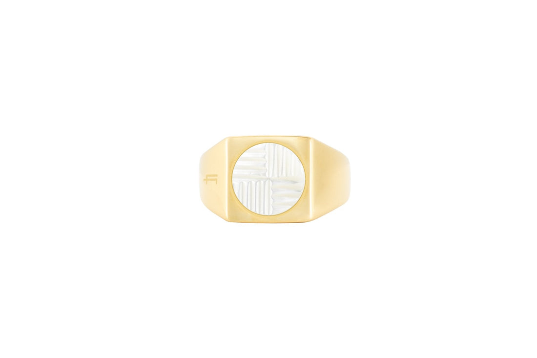 Men's jewelry trends 2027 — Louis Faglin Lucien signet ring in gold with guilloché engraving and mother-of-pearl inlay